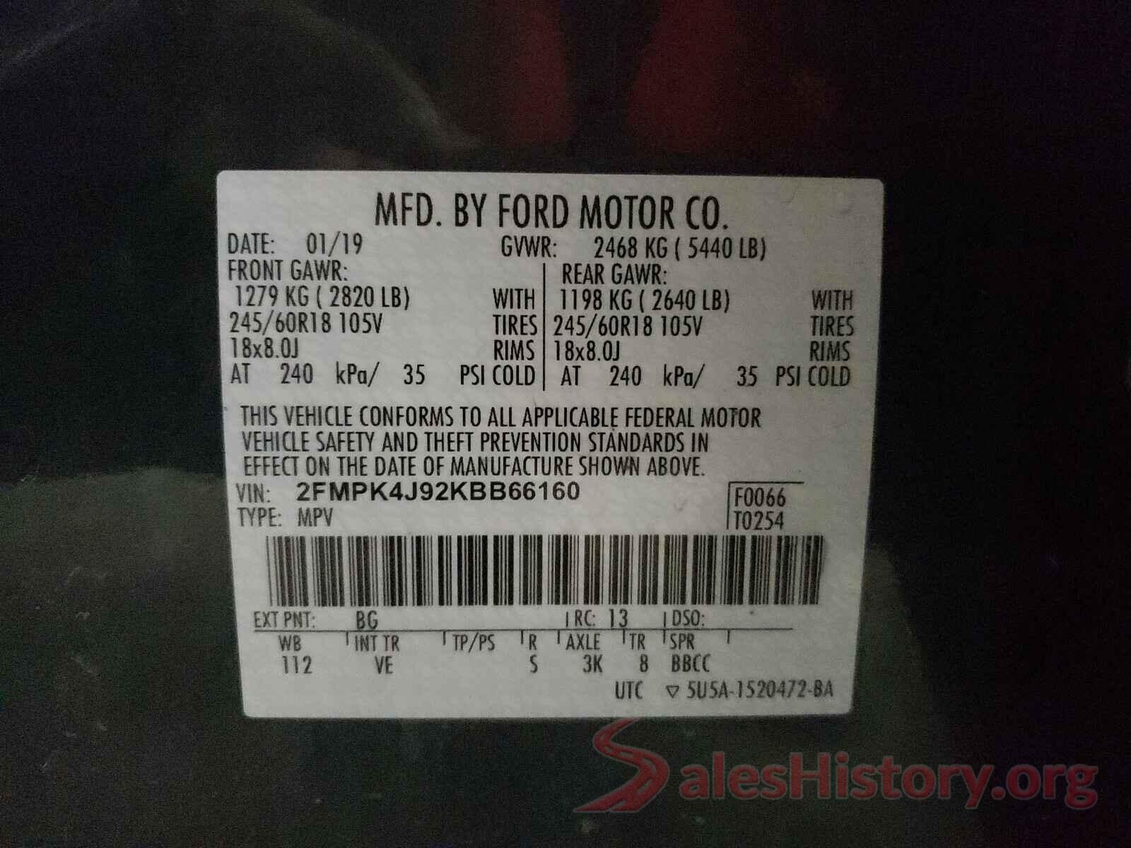 2FMPK4J92KBB66160 2019 FORD EDGE