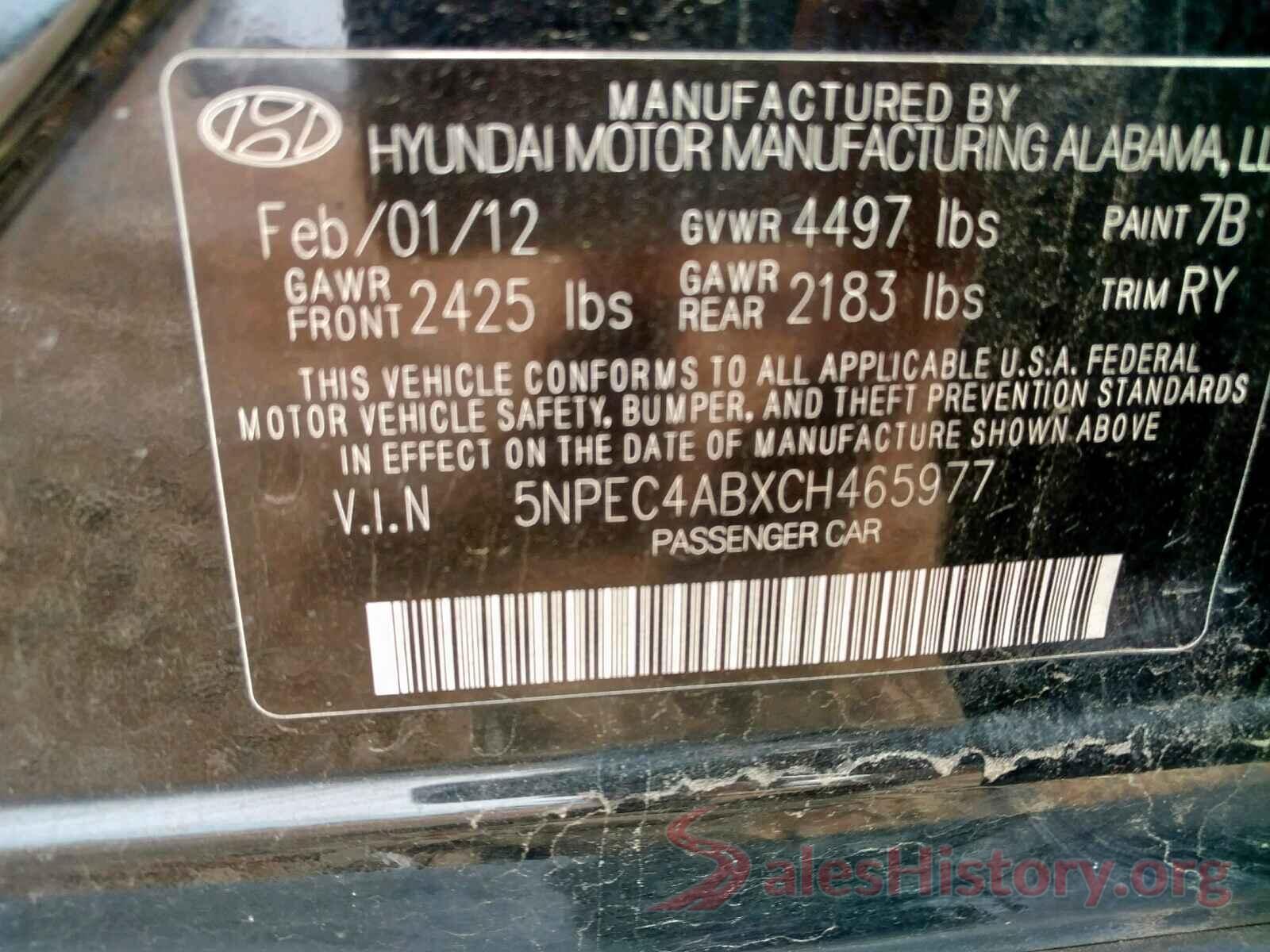 5NPEC4ABXCH465977 2012 HYUNDAI SONATA