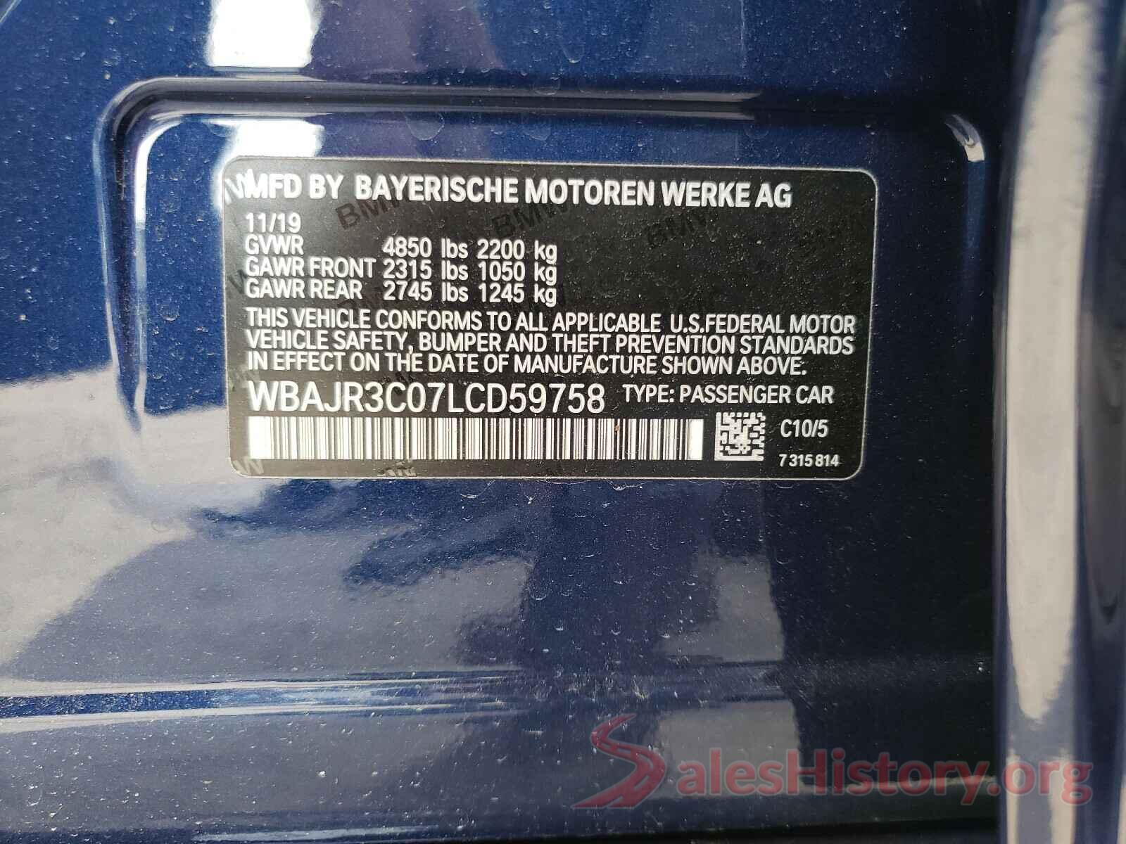 WBAJR3C07LCD59758 2020 BMW 5 SERIES