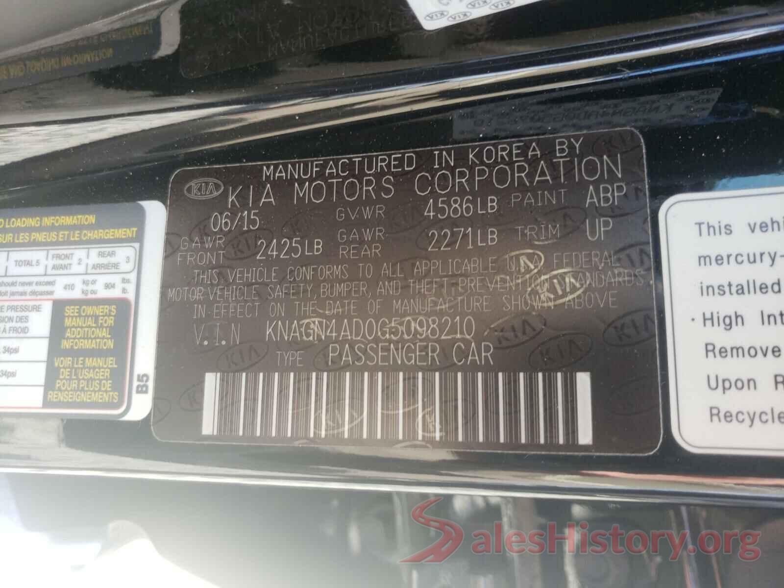 KNAGN4AD0G5098210 2016 KIA OPTIMA