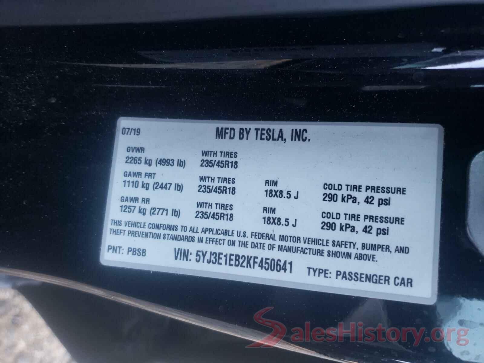 5YJ3E1EB2KF450641 2019 TESLA MODEL 3