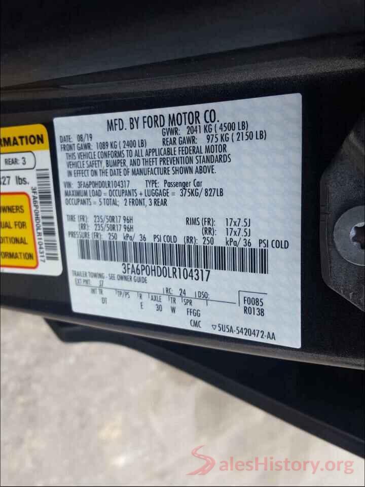 3FA6P0HD0LR104317 2020 FORD FUSION