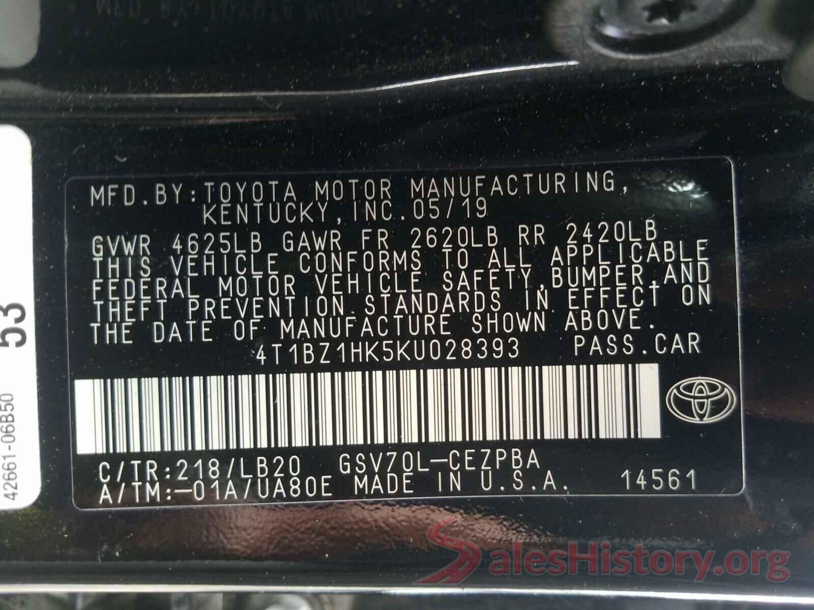 4T1BZ1HK5KU028393 2019 TOYOTA CAMRY