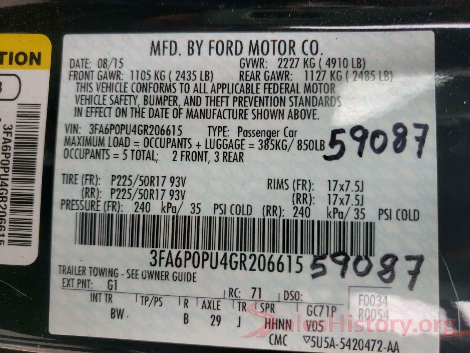 3FA6P0PU4GR206615 2016 FORD FUSION