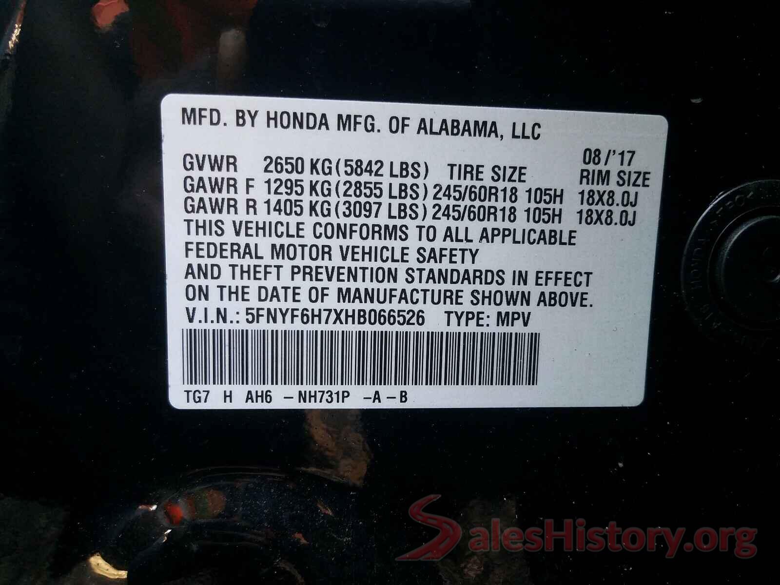 5FNYF6H7XHB066526 2017 HONDA PILOT