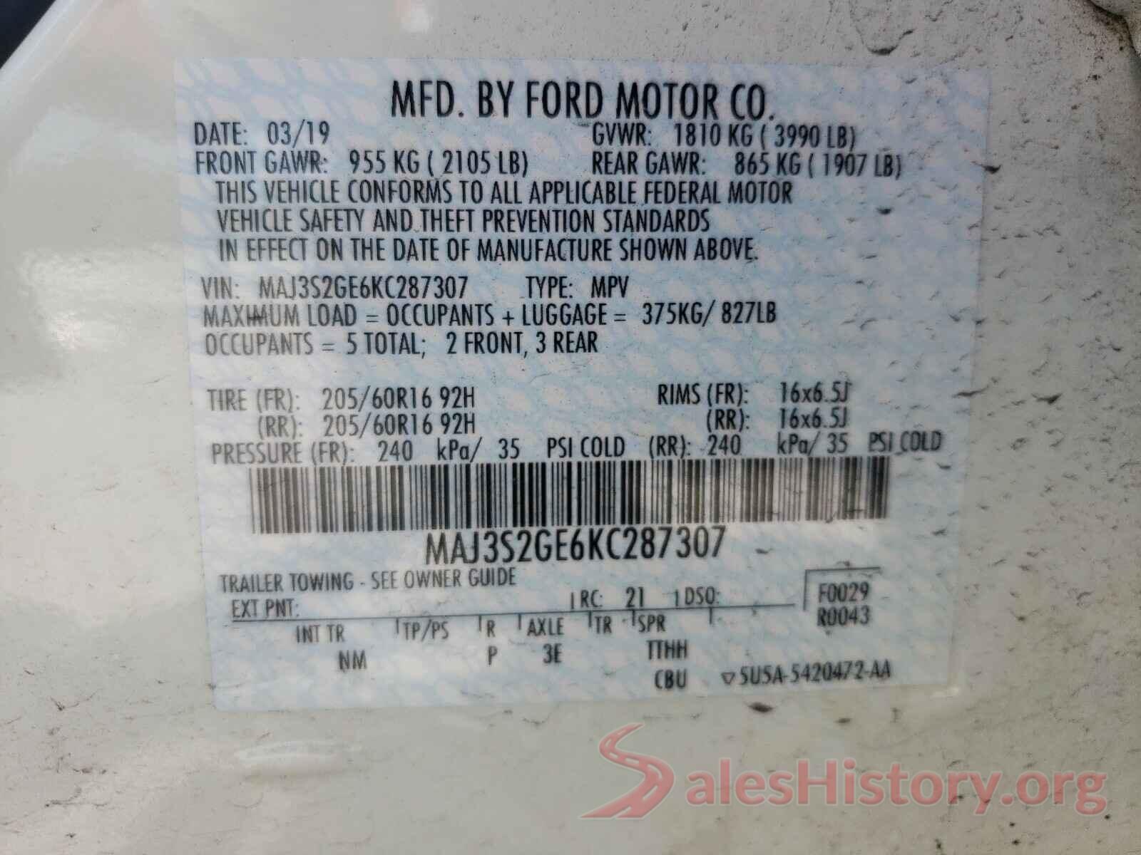 MAJ3S2GE6KC287307 2019 FORD ALL OTHER