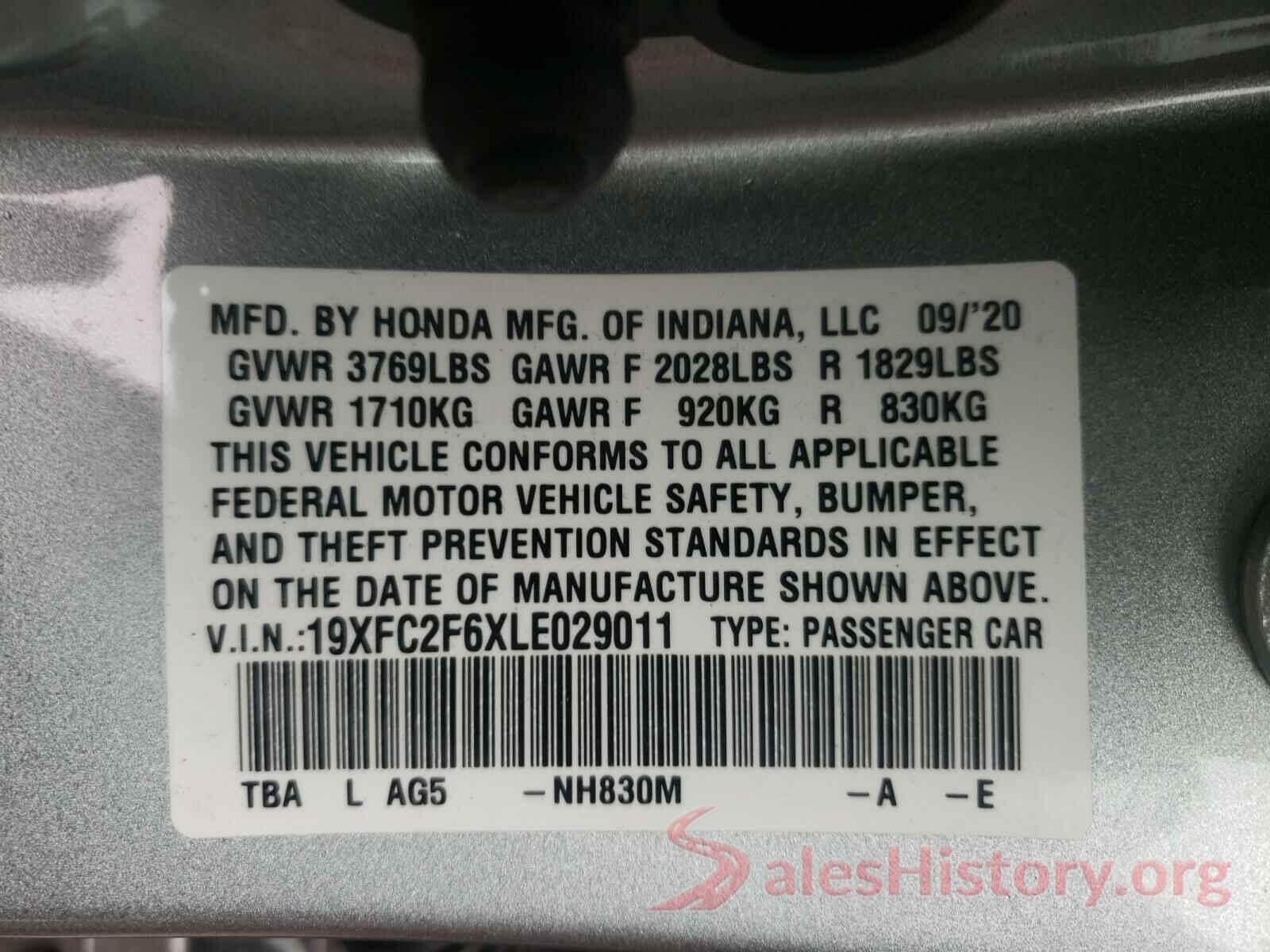 19XFC2F6XLE029011 2020 HONDA CIVIC