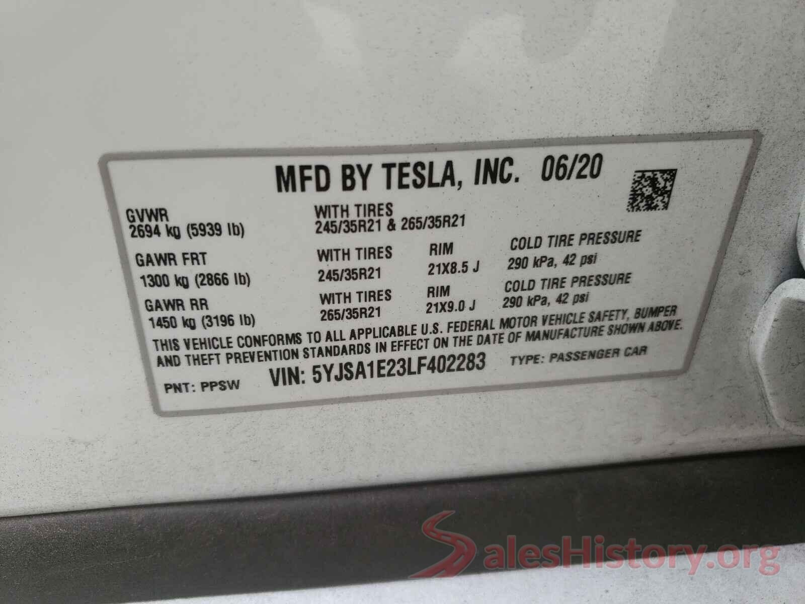 5YJSA1E23LF402283 2020 TESLA MODEL S