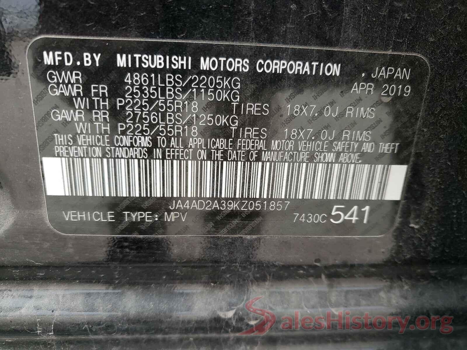 JA4AD2A39KZ051857 2019 MITSUBISHI OUTLANDER