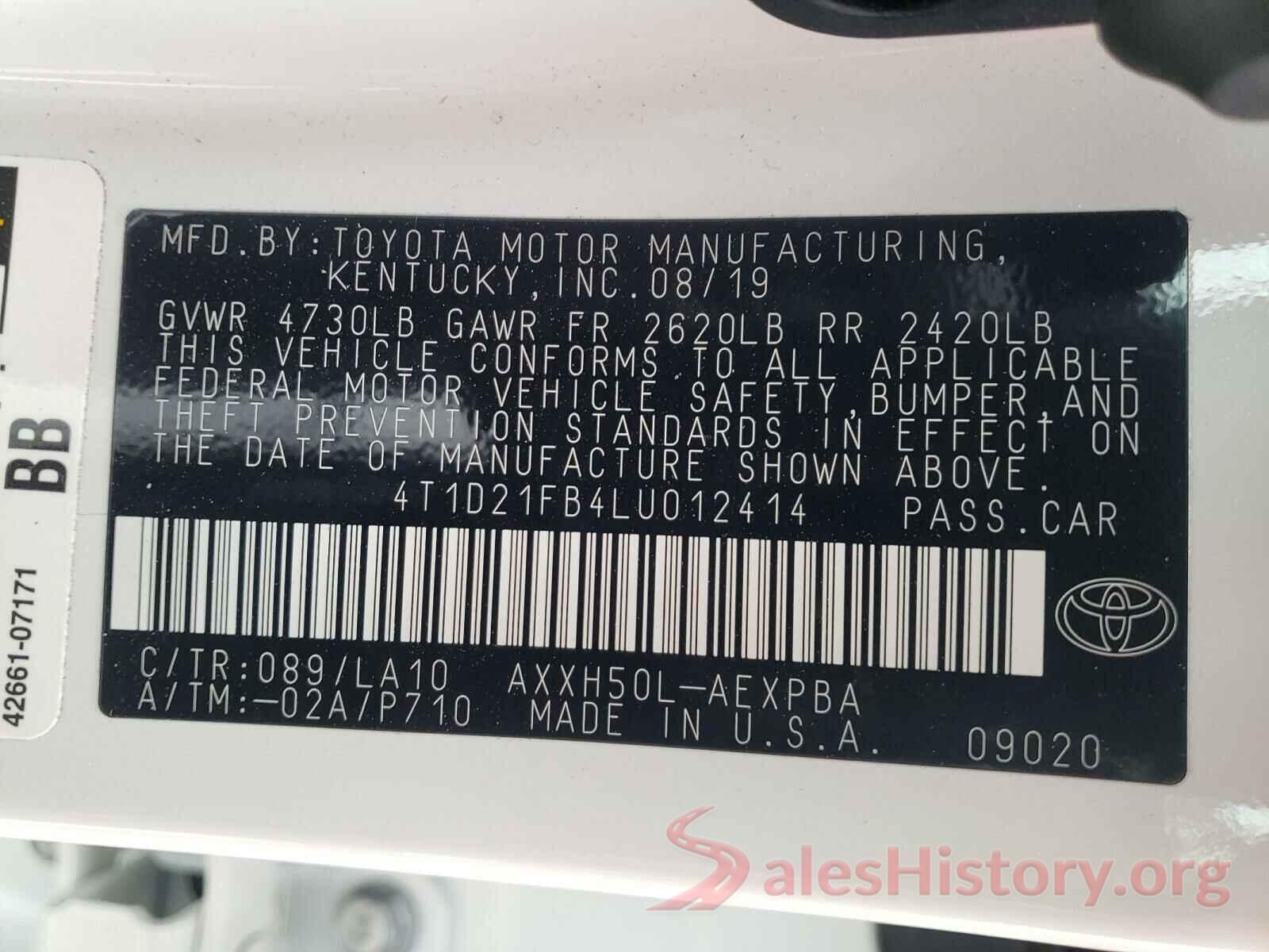 4T1D21FB4LU012414 2020 TOYOTA AVALON