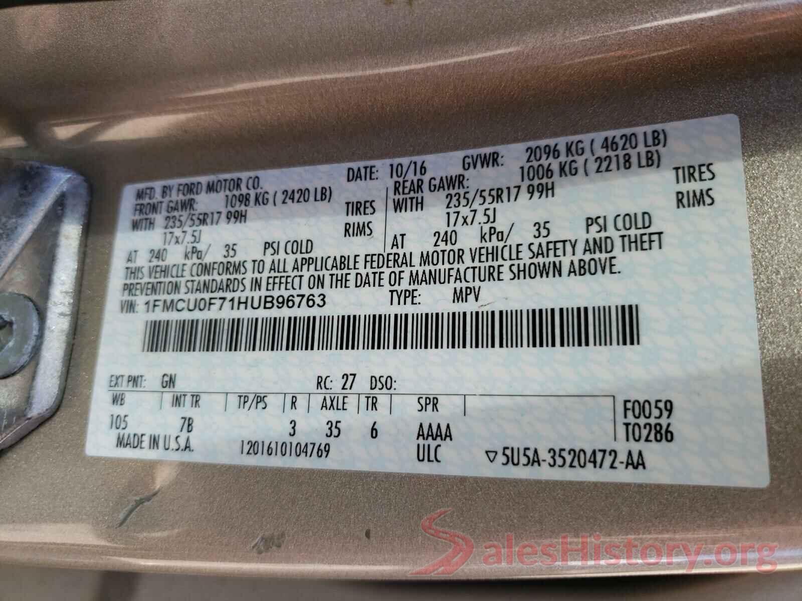 1FMCU0F71HUB96763 2017 FORD ESCAPE