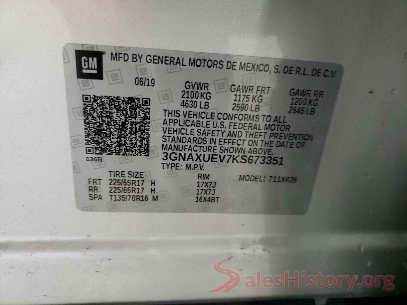 3GNAXUEV7KS673351 2019 CHEVROLET EQUINOX