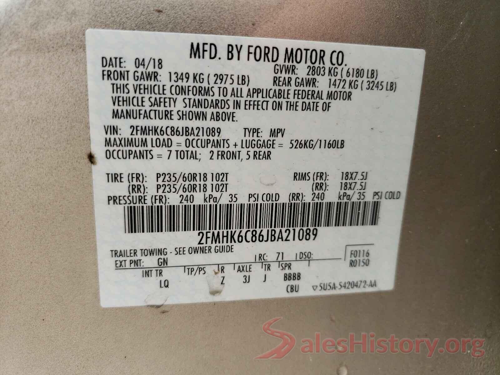 2FMHK6C86JBA21089 2018 FORD FLEX