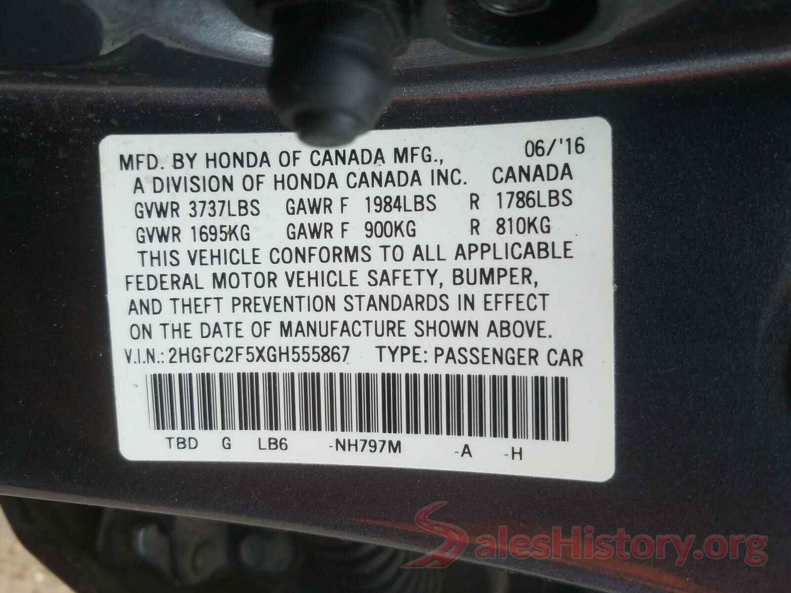 2HGFC2F5XGH555867 2016 HONDA CIVIC