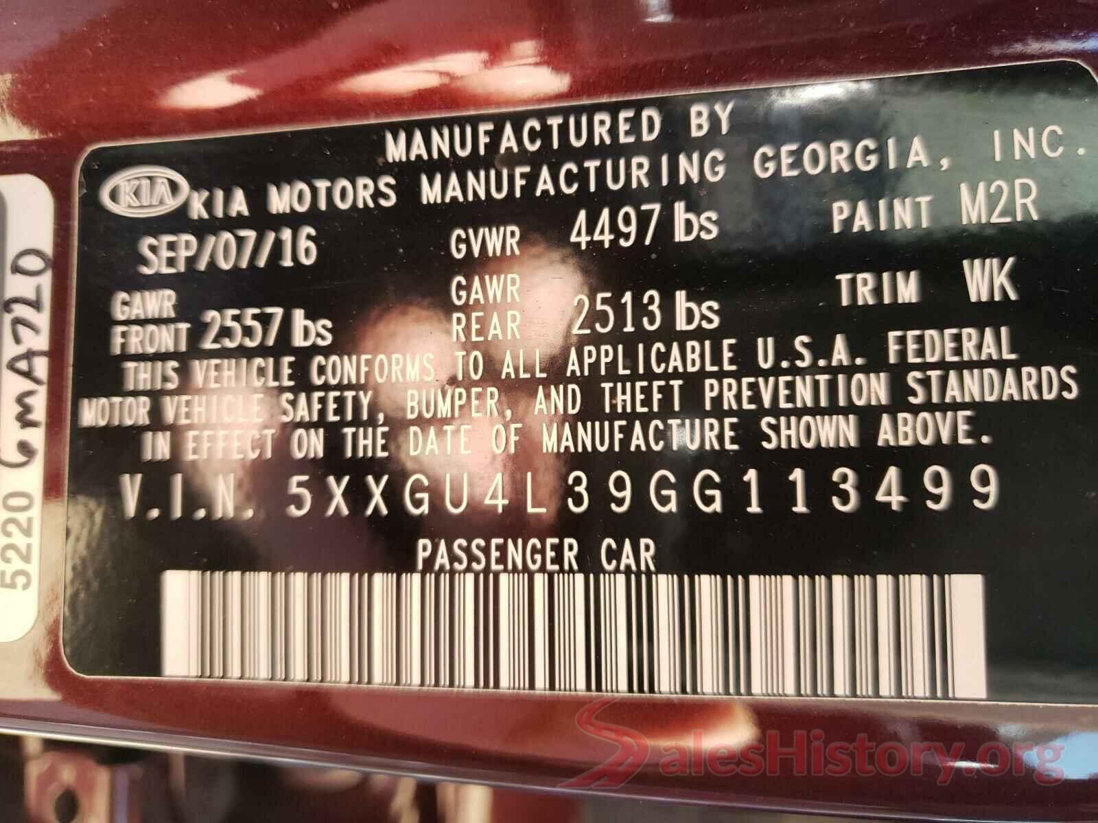 5XXGU4L39GG113499 2016 KIA OPTIMA