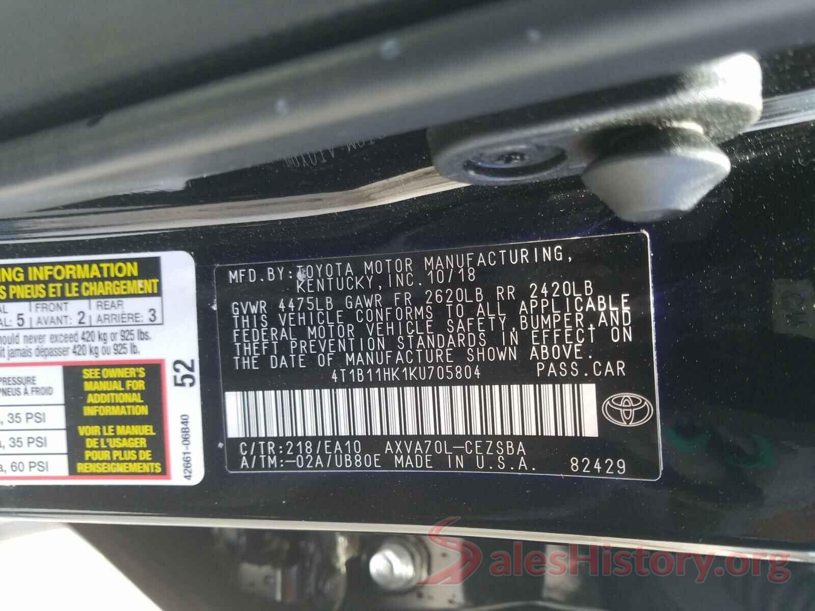 4T1B11HK1KU705804 2019 TOYOTA CAMRY