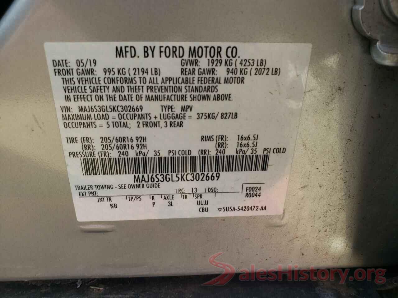 MAJ6S3GL5KC302669 2019 FORD ECOSPORT