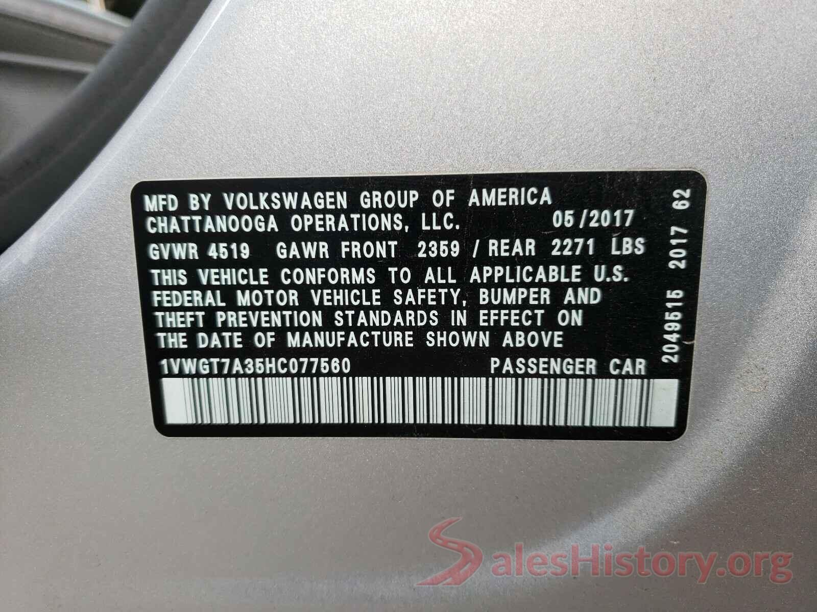 1VWGT7A35HC077560 2017 VOLKSWAGEN PASSAT