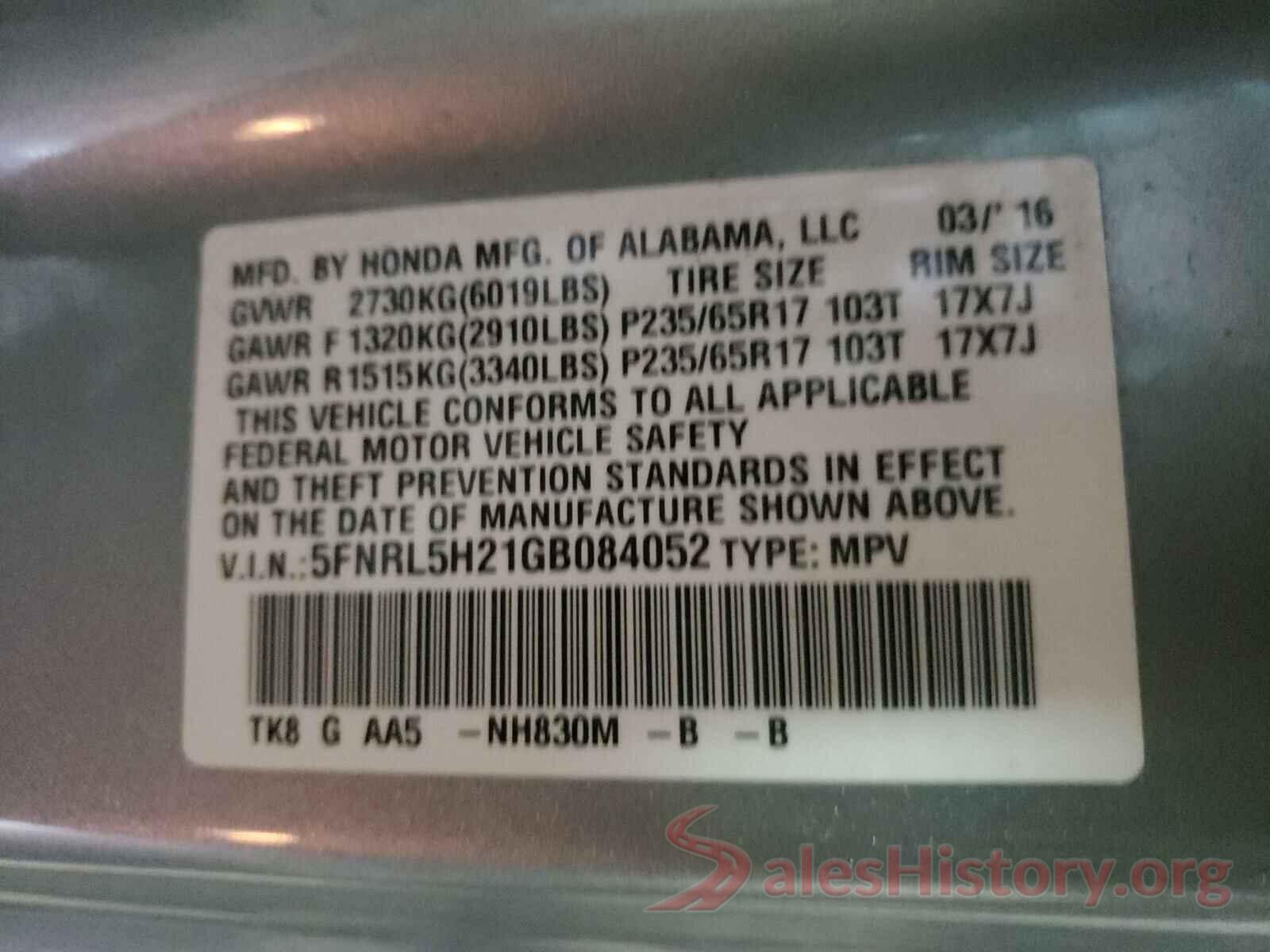 5FNRL5H21GB084052 2016 HONDA ODYSSEY