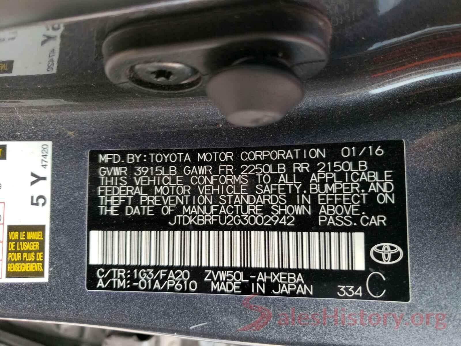 JTDKBRFU2G3002942 2016 TOYOTA PRIUS