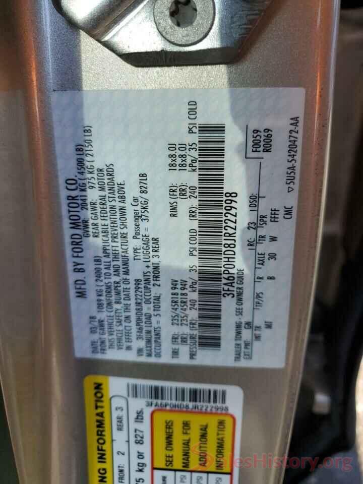 3FA6P0HD8JR222998 2018 FORD FUSION