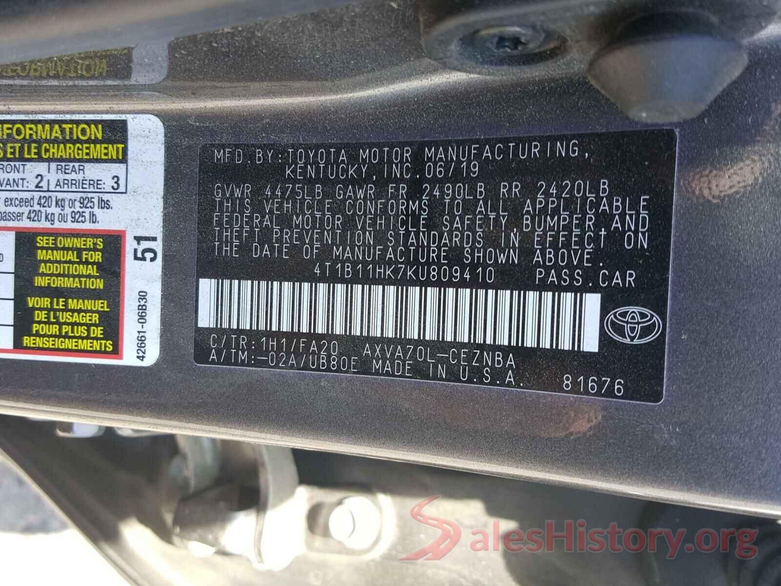 4T1B11HK7KU809410 2019 TOYOTA CAMRY