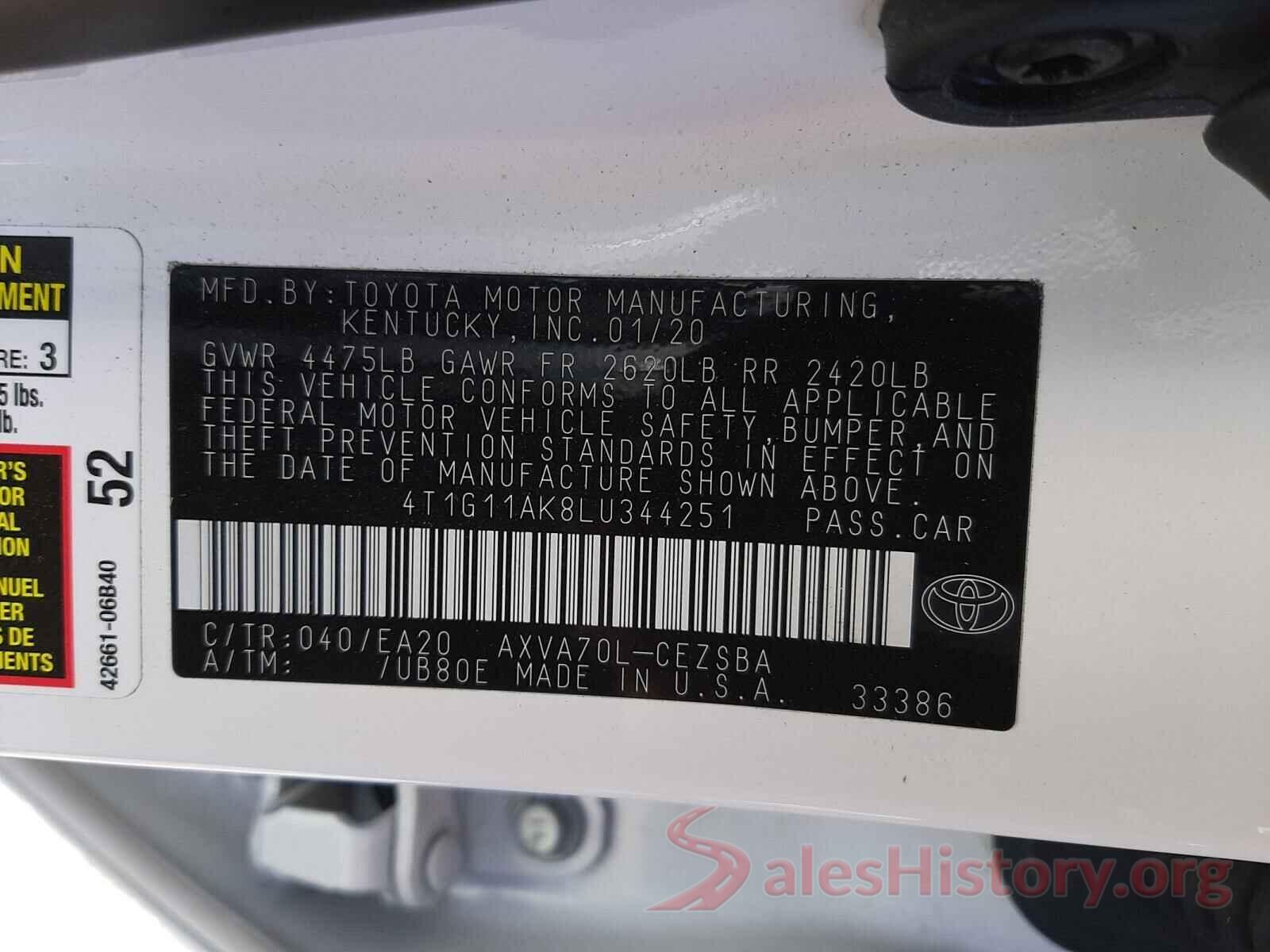 4T1G11AK8LU344251 2020 TOYOTA CAMRY