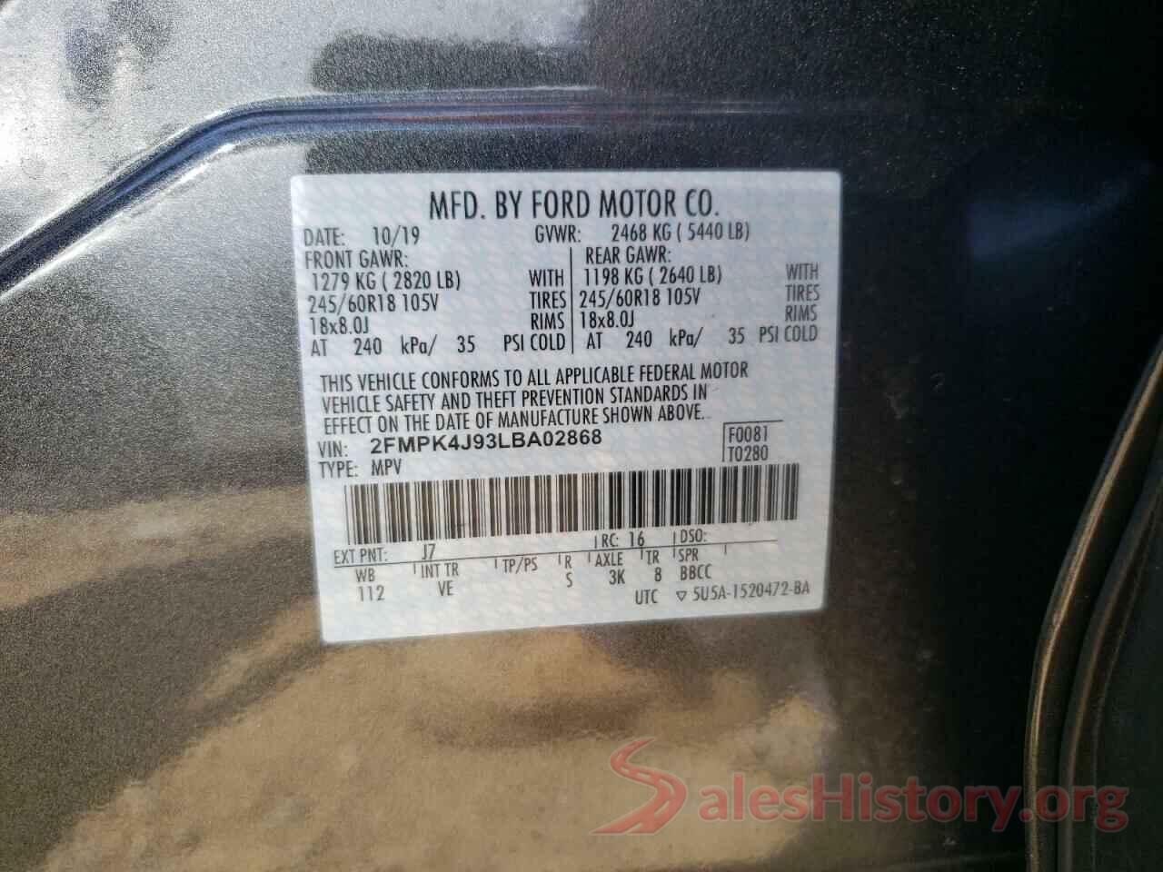 2FMPK4J93LBA02868 2020 FORD EDGE