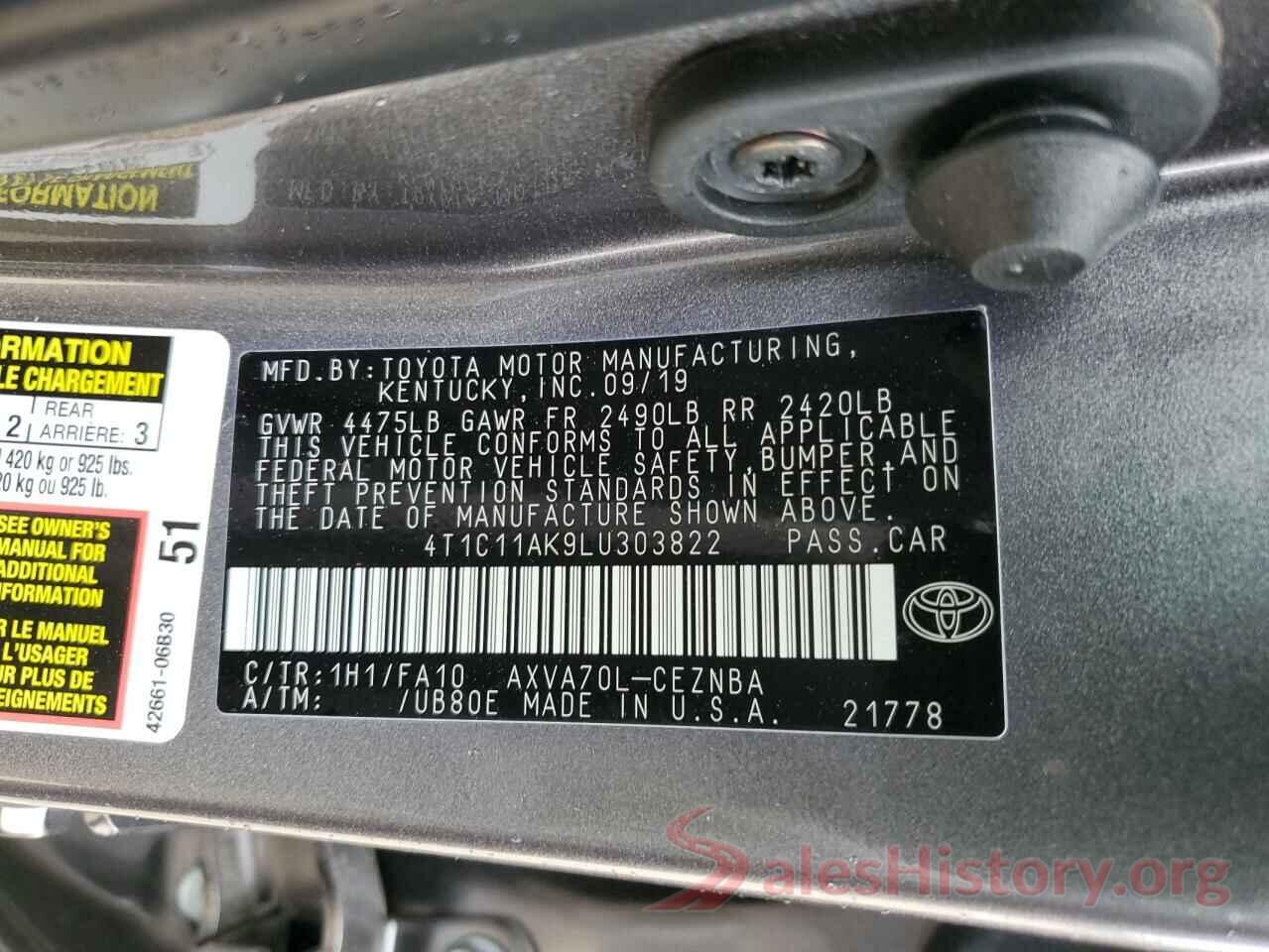 4T1C11AK9LU303822 2020 TOYOTA CAMRY