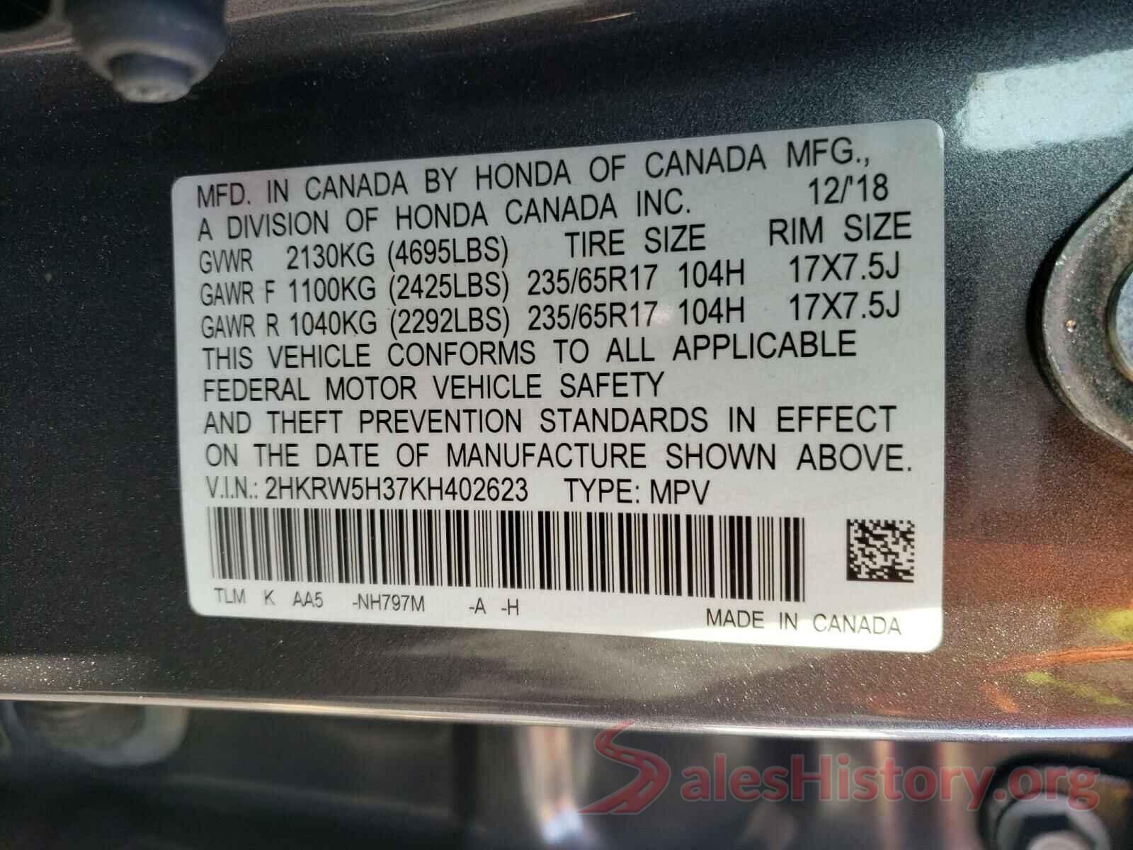 2HKRW5H37KH402623 2019 HONDA CRV