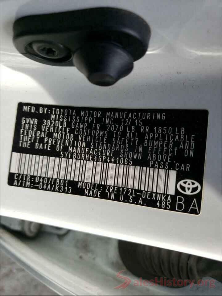 5YFBURHE4GP441065 2016 TOYOTA COROLLA