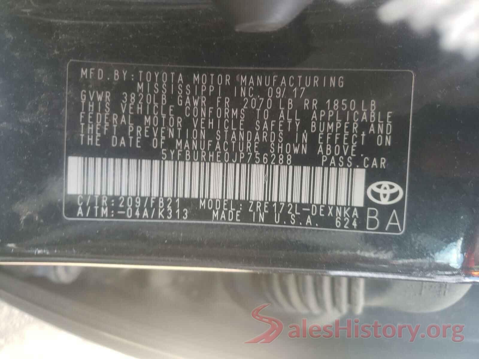 5YFBURHE0JP756288 2018 TOYOTA COROLLA