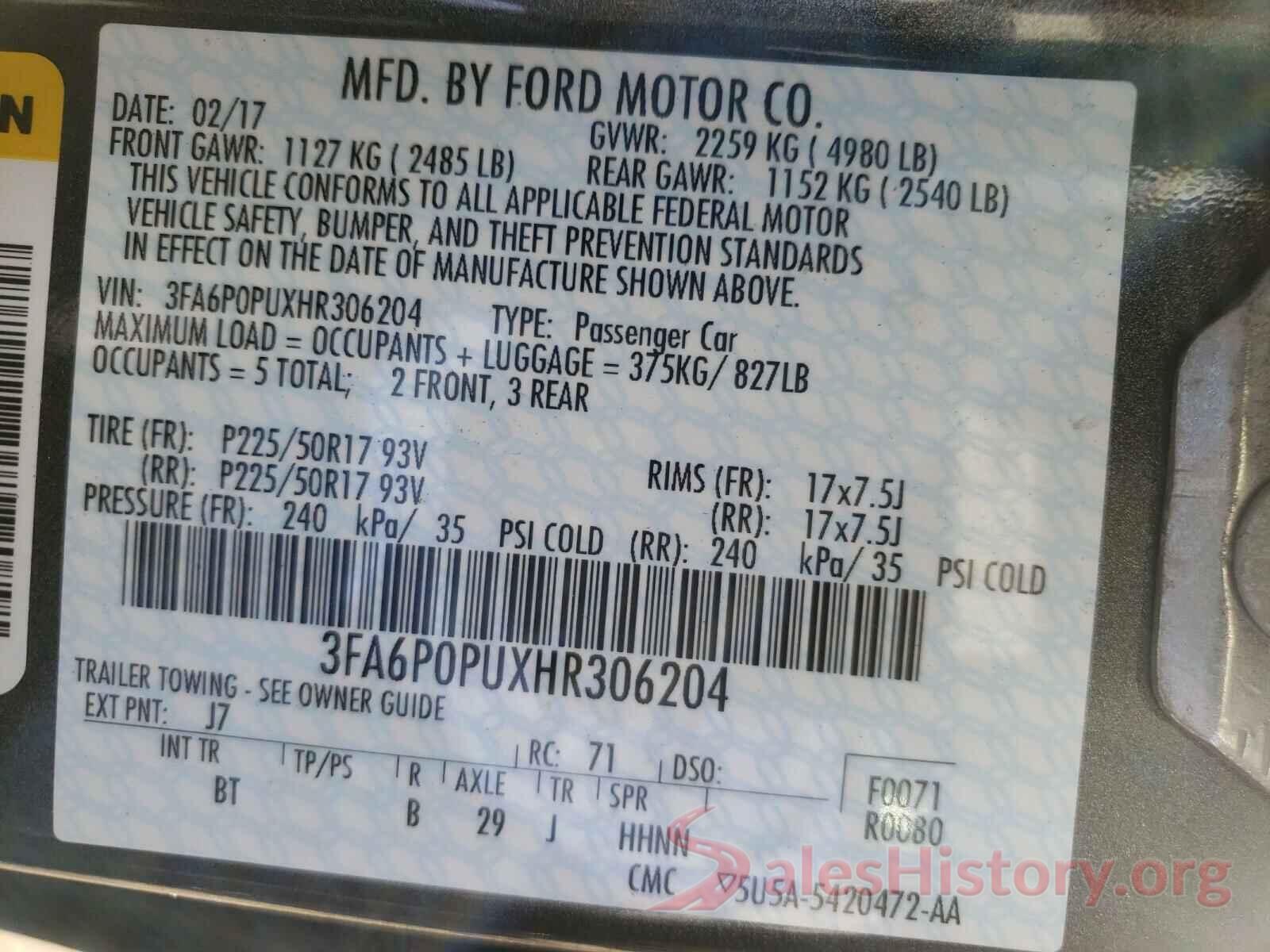 3FA6P0PUXHR306204 2017 FORD FUSION