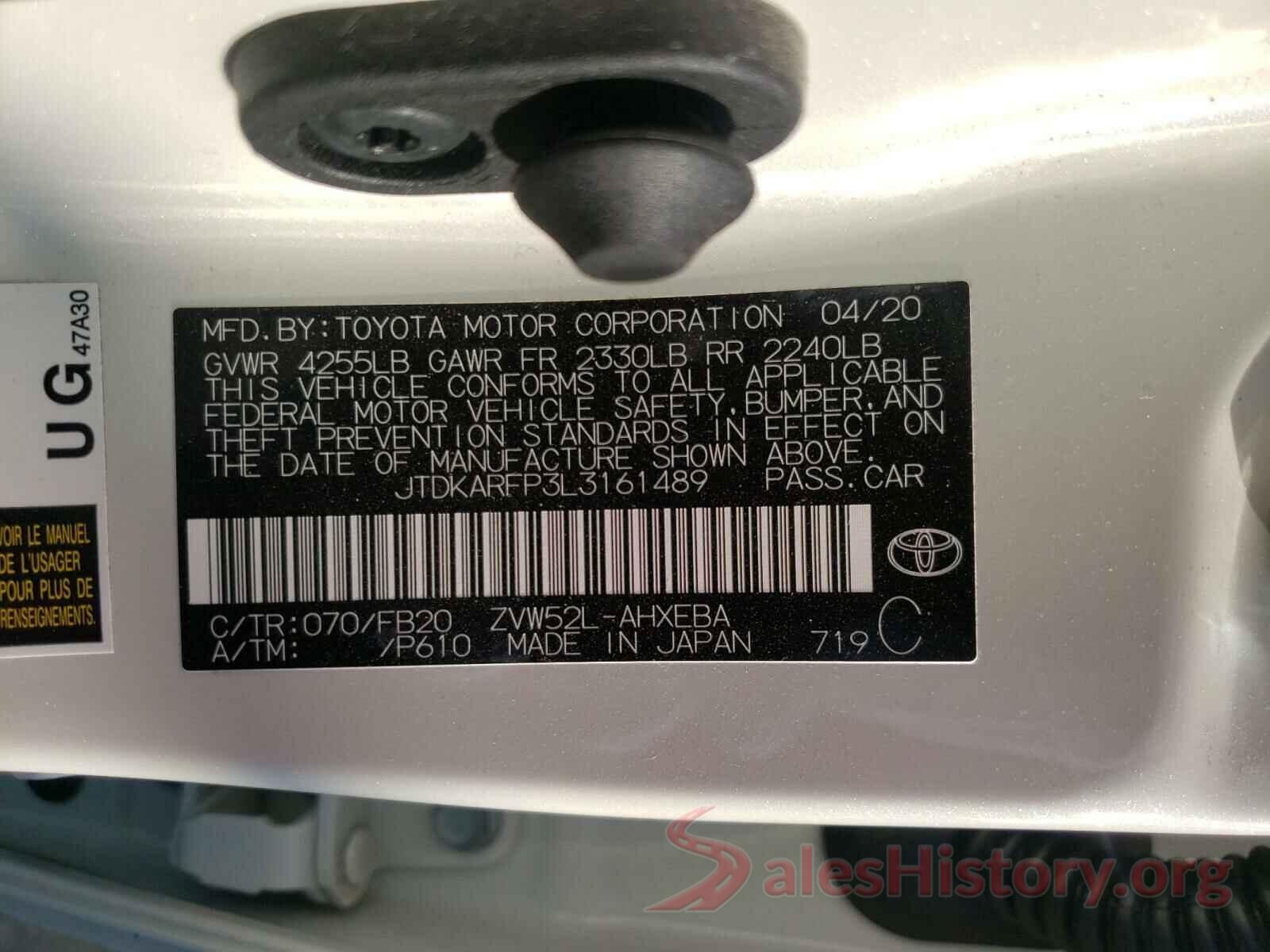 JTDKARFP3L3161489 2020 TOYOTA PRIUS