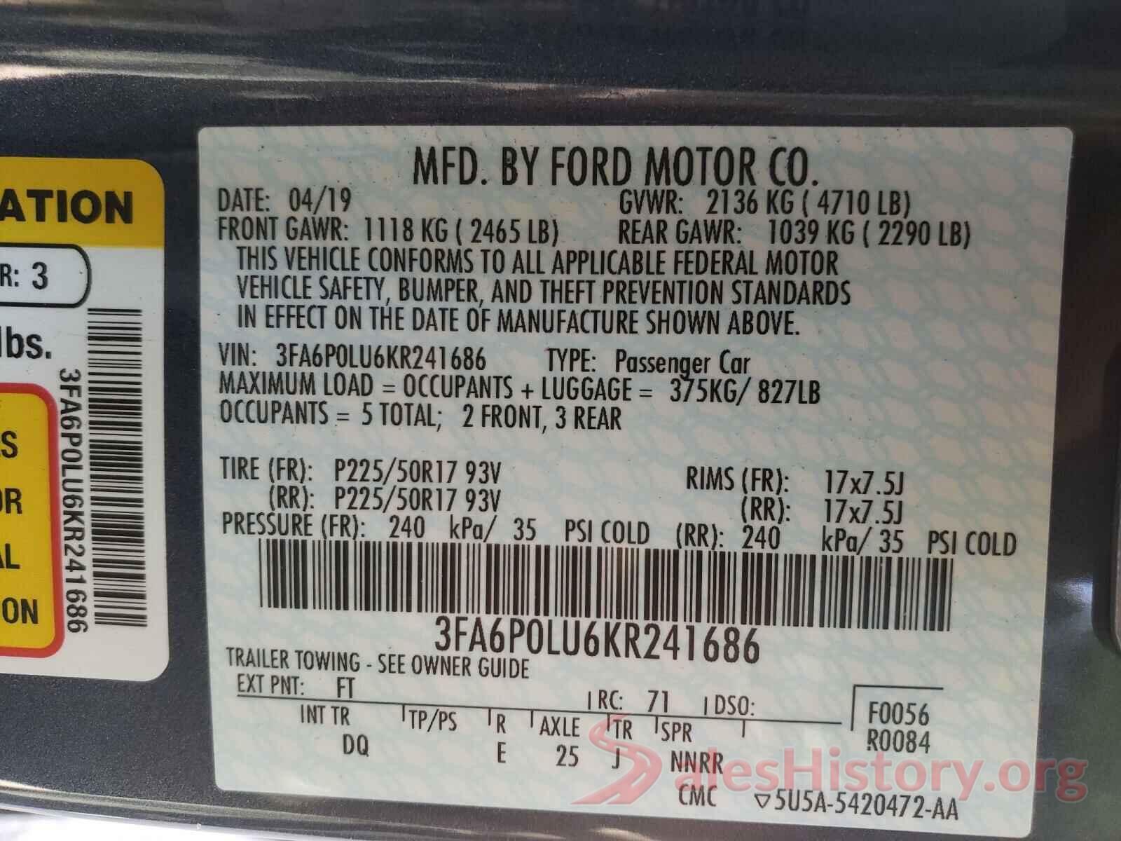 3FA6P0LU6KR241686 2019 FORD FUSION