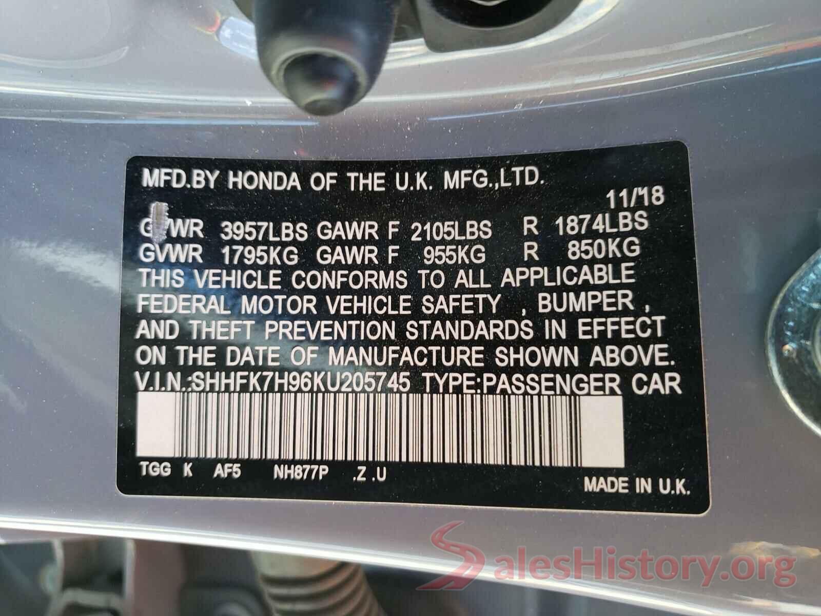 SHHFK7H96KU205745 2019 HONDA CIVIC