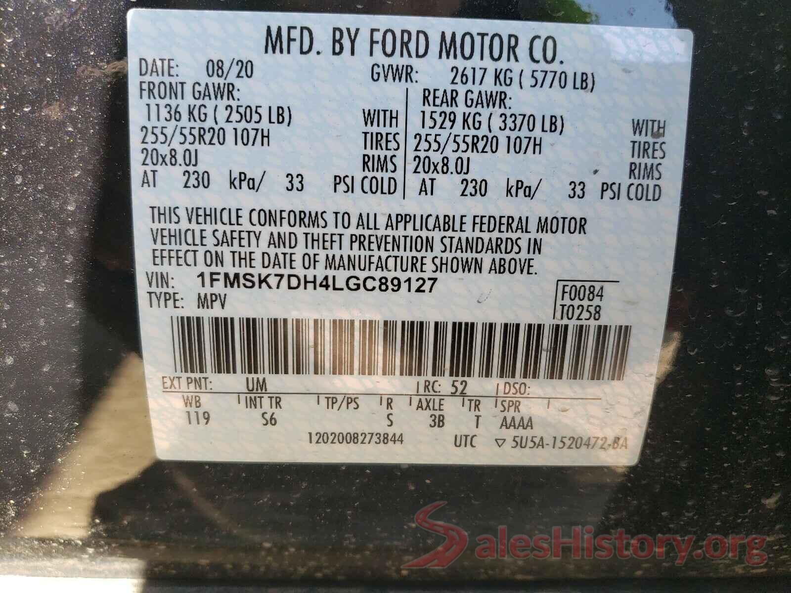 1FMSK7DH4LGC89127 2020 FORD EXPLORER