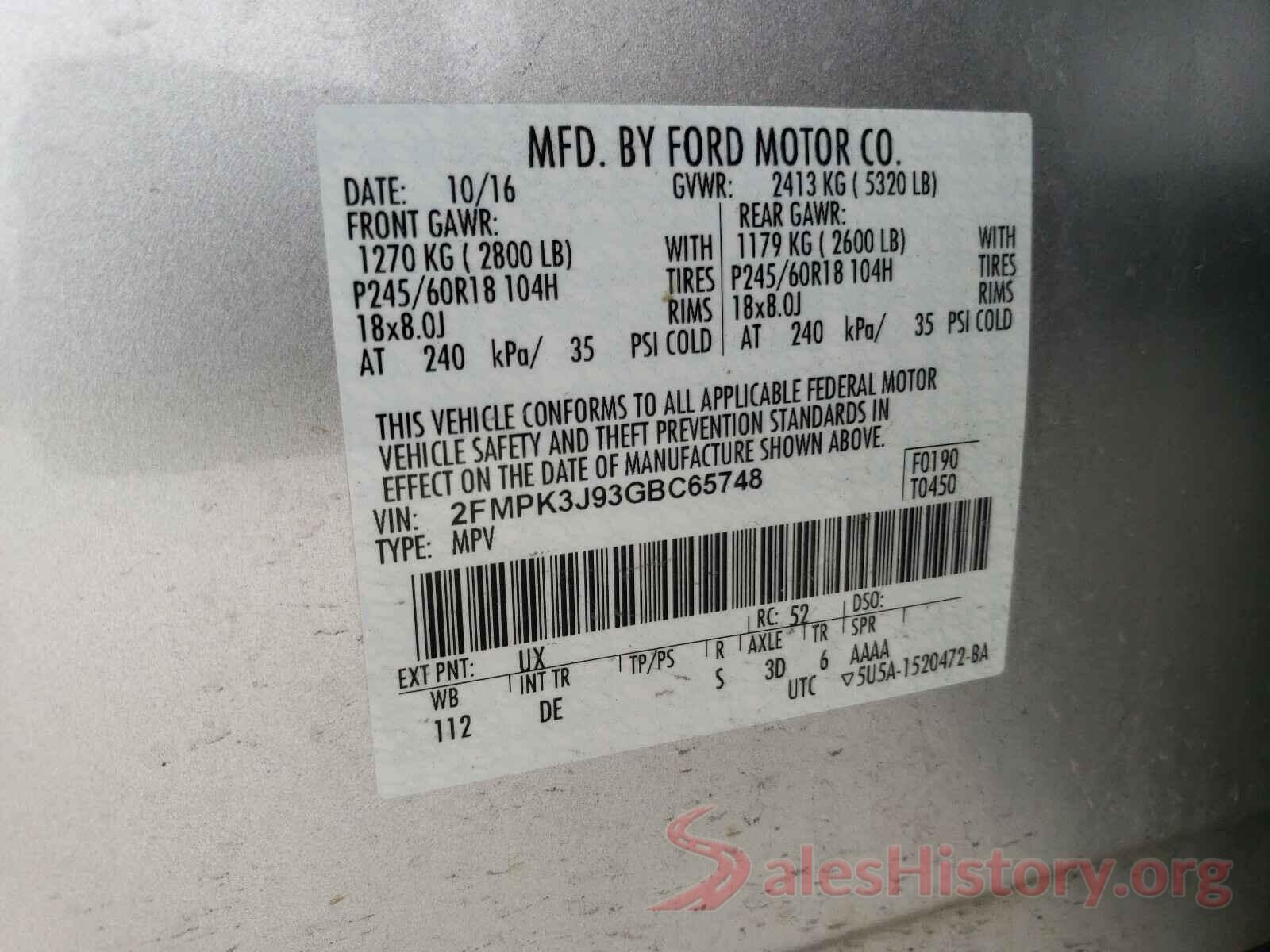 2FMPK3J93GBC65748 2016 FORD EDGE