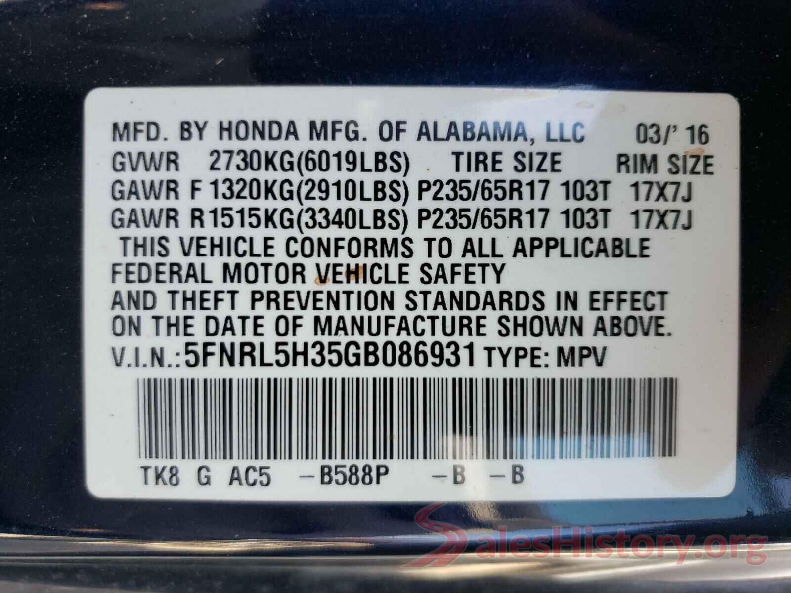 5FNRL5H35GB086931 2016 HONDA ODYSSEY