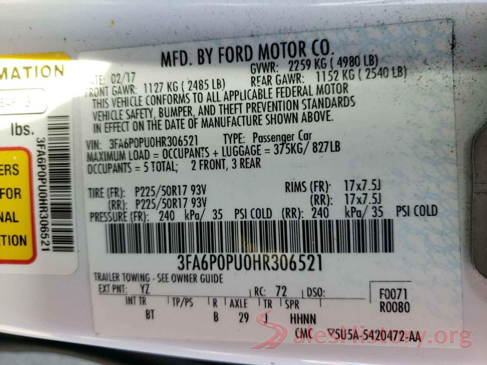 3FA6P0PU0HR306521 2017 FORD FUSION