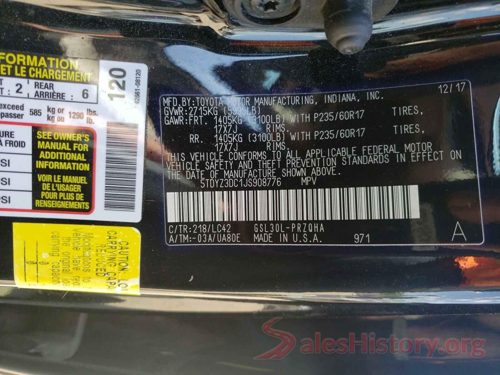 5TDYZ3DC1JS908776 2018 TOYOTA SIENNA