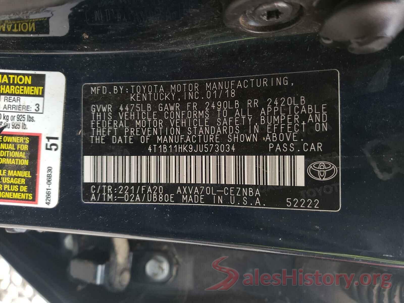 4T1B11HK9JU573034 2018 TOYOTA CAMRY