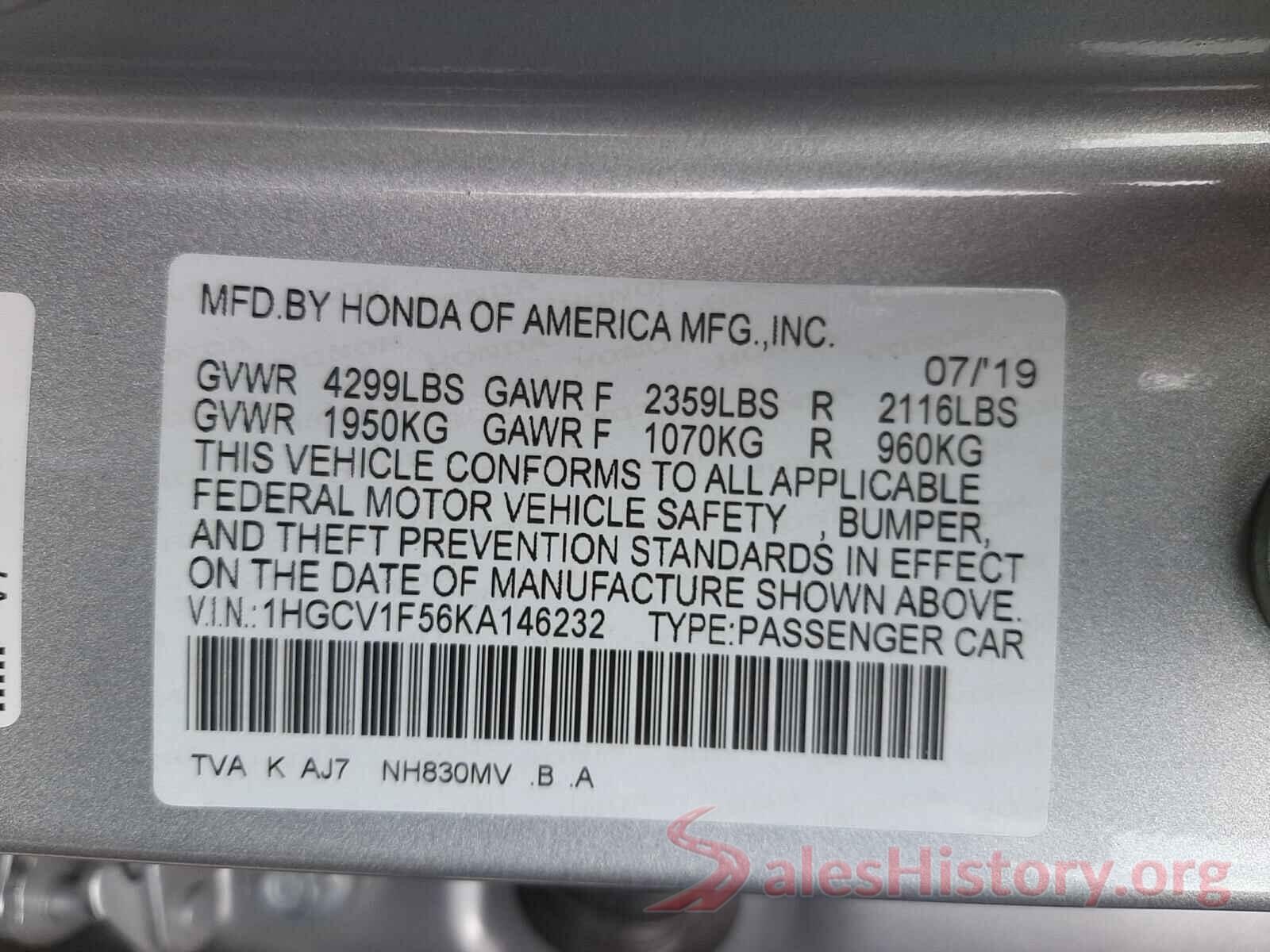 1HGCV1F56KA146232 2019 HONDA ACCORD