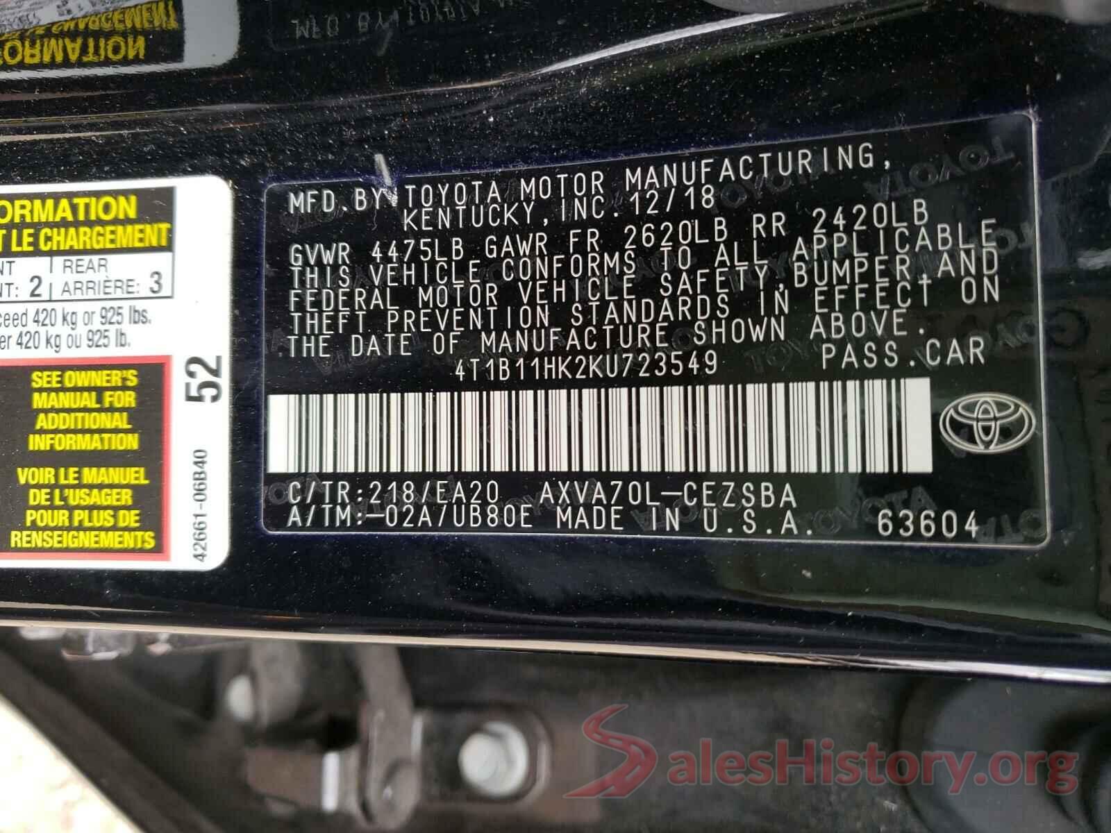 4T1B11HK2KU723549 2019 TOYOTA CAMRY