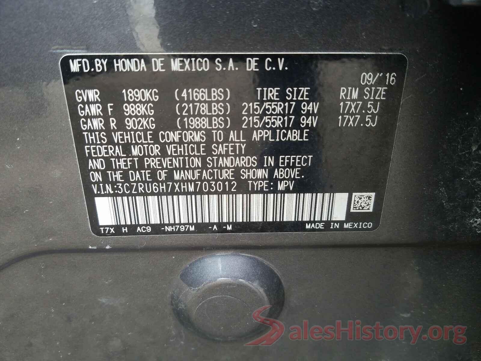 3CZRU6H7XHM703012 2017 HONDA HR-V