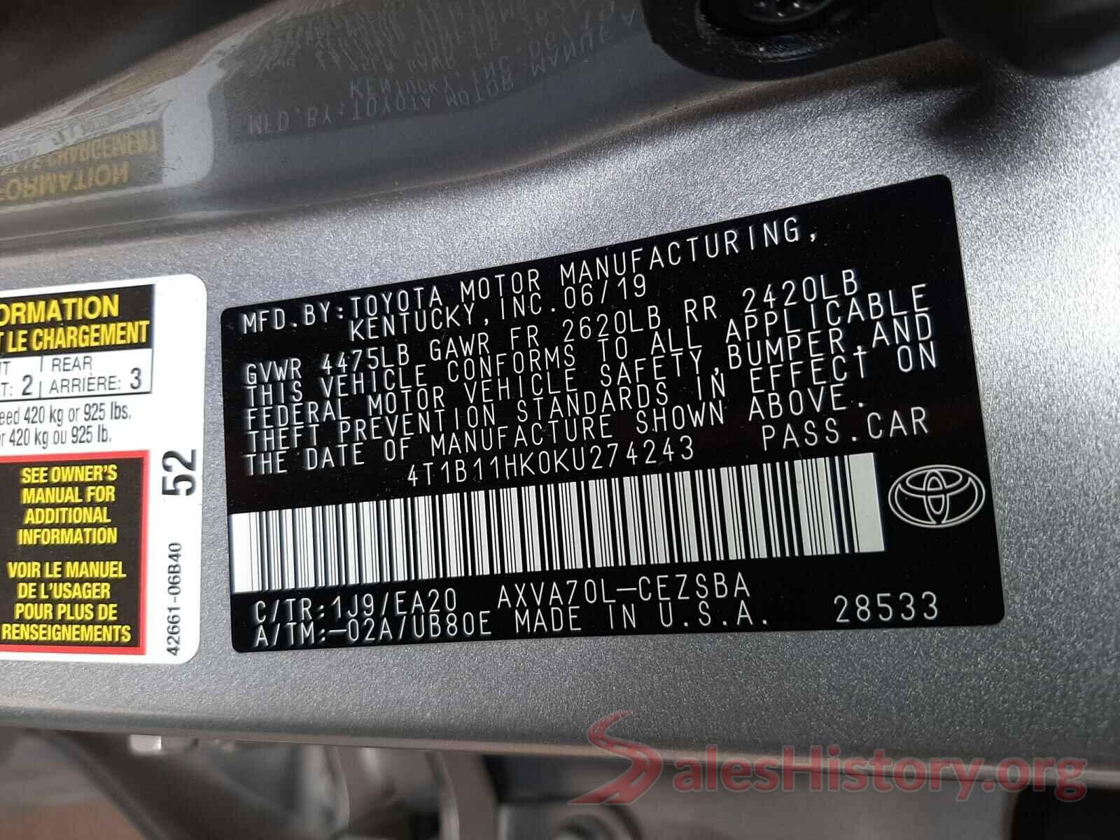 4T1B11HK0KU274243 2019 TOYOTA CAMRY