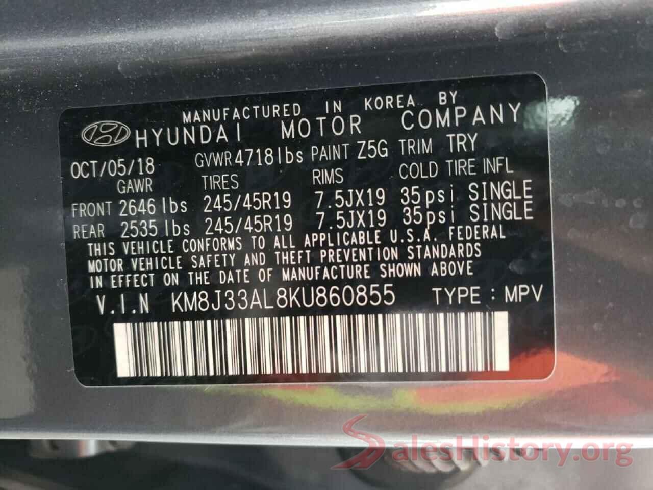 KM8J33AL8KU860855 2019 HYUNDAI TUCSON