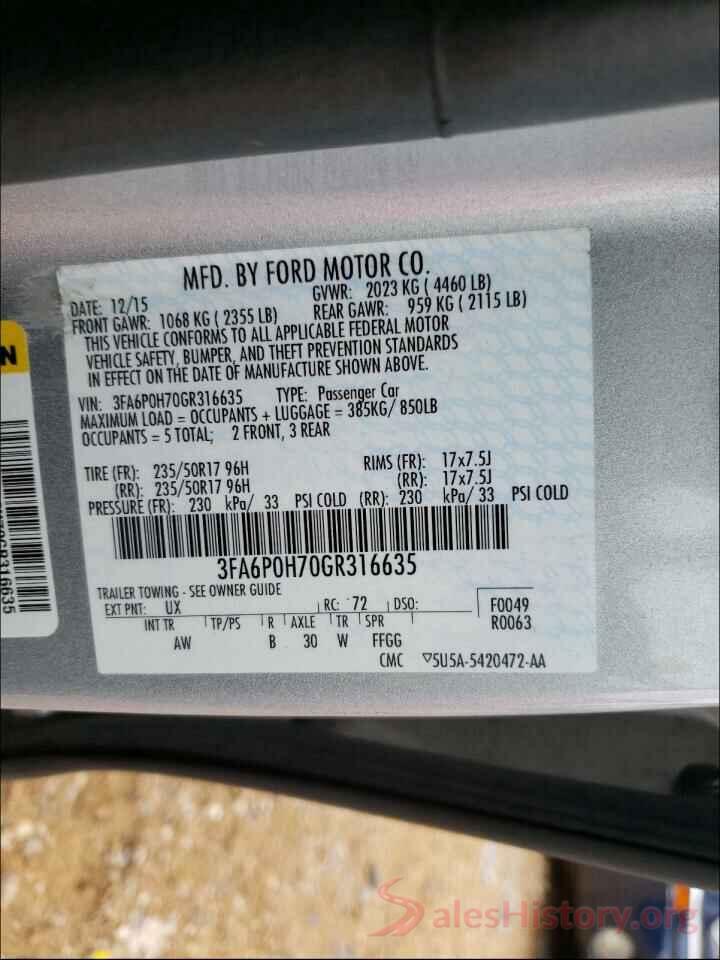 3FA6P0H70GR316635 2016 FORD FUSION