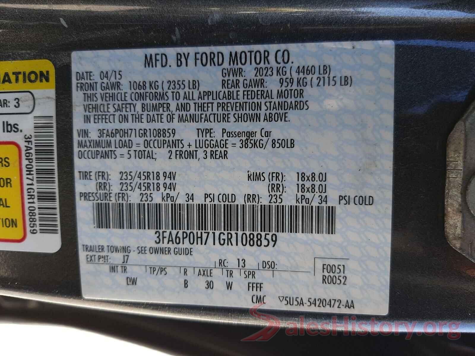 3FA6P0H71GR108859 2016 FORD FUSION