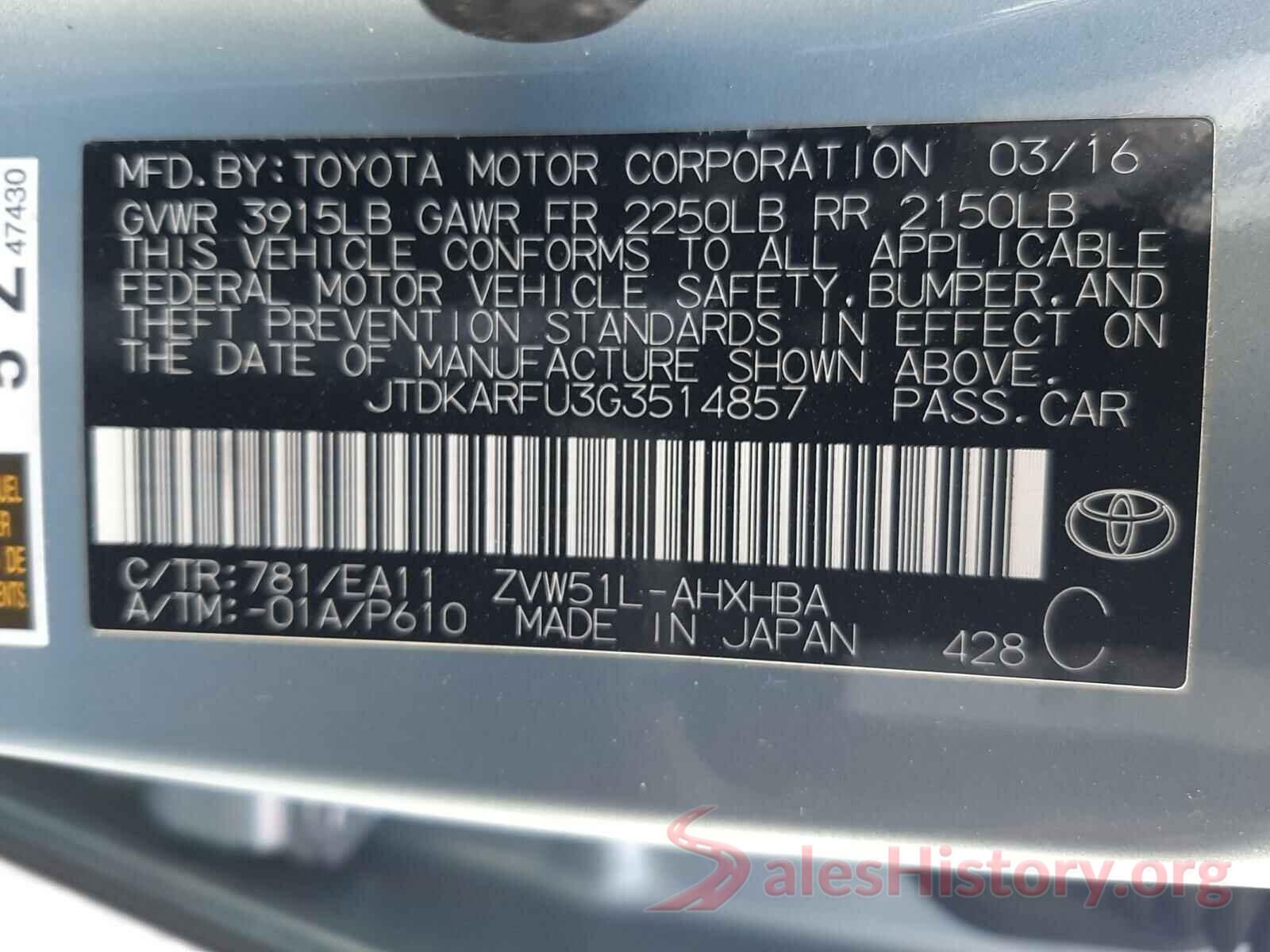 JTDKARFU3G3514857 2016 TOYOTA PRIUS